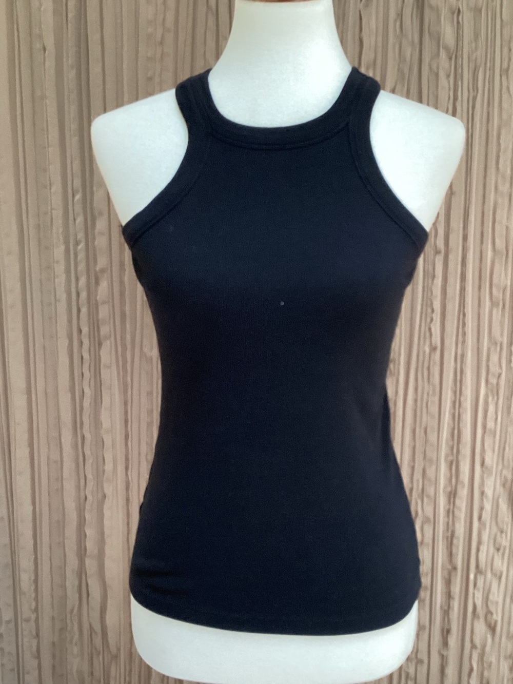 LOFT Black Racerback Tank Top and cut in front, high neckline. Stretchy, medium.